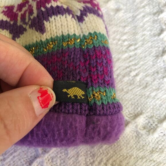 VTG 90s Y2K Turtle Fur Knit Pom Beanie Purple Fair-Isle Wool Blend OS USA Ski - Picture 4 of 10